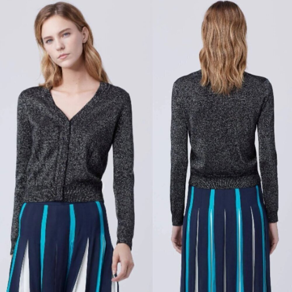 Diane Von Furstenberg Metallic Black Adelyn Cardigan Sweater 26089